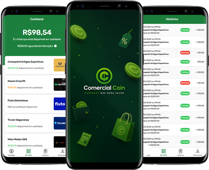 Aplicativo de cashback Comercial Coin desenvolvido pela Dynamica Soft